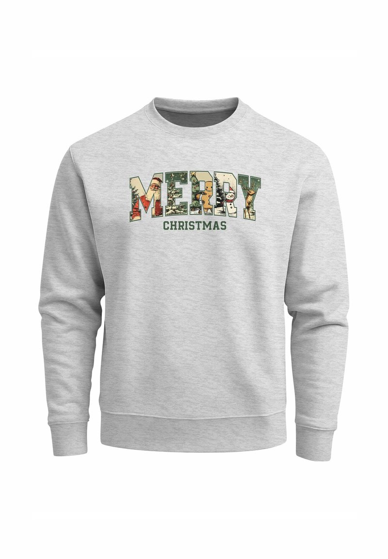 Gray sweatshirt with "MERRY CHRISTMAS" text, featuring colorful, festive graphics and a classic crew neck design. Soft, textured fabric.
