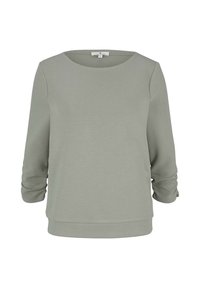 Suéter verde claro, de cuello redondo, con mangas tres cuartos, textura suave, costuras mínimas, ajuste informal, versátil para combinar.