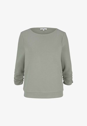 Maglione verde chiaro, scollatura a girocollo, maniche a tre quarti, texture morbida, cuciture minime, vestibilità casual, versatile per essere sovrapposto.