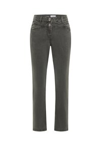 Ciemnoszare dżinsy z denimu o prostym kroju, zapięcie na dwa guziki i przednie kieszenie; cechują się subtelną fakturą i kontrastującymi przeszyciami.