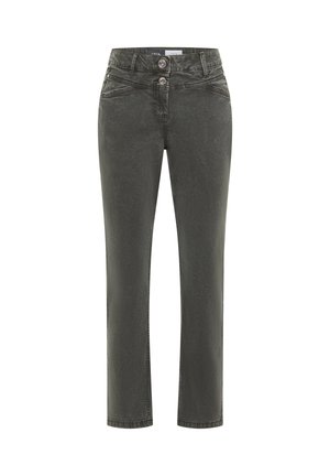 Vaqueros de denim gris oscuro con corte recto, cierre de dos botones y bolsillos delanteros; presenta una textura sutil y costuras contrastantes.