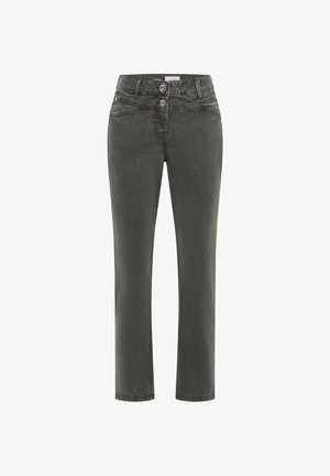 Dunkelgraue Jeans aus Denim mit geradem Schnitt, Zwei-Knopf-Verschluss und Fronttaschen; zeichnet sich durch dezente Textur und kontrastierende Nähte aus.