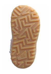 Suola in gomma arancione chiaro, con un motivo a zigzag e una sezione triangolare contrassegnata con "20" per l'identificazione della taglia.