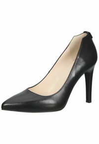 Black leather high heel pump with a pointed toe and curved design, featuring a smooth texture and a tapered stiletto heel.