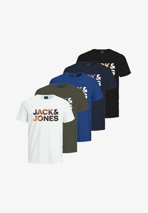 Six T-shirts in white, olive, blue, dark blue, and black, featuring a prominent "JACK & JONES" print in various colors on the front.