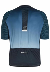 Jersey de ciclismo de manga corta en degradado azul con un patrón geométrico en las mangas. Cuenta con un bolsillo trasero y la marca 'PROTEST'.