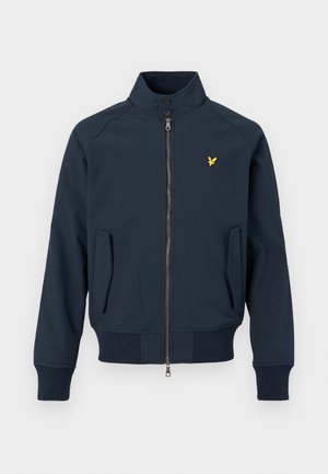Giacca blu navy con colletto alto, chiusura a zip, tasche laterali, polsini a coste e un piccolo logo di un uccellino giallo sul petto a sinistra. Texture liscia.