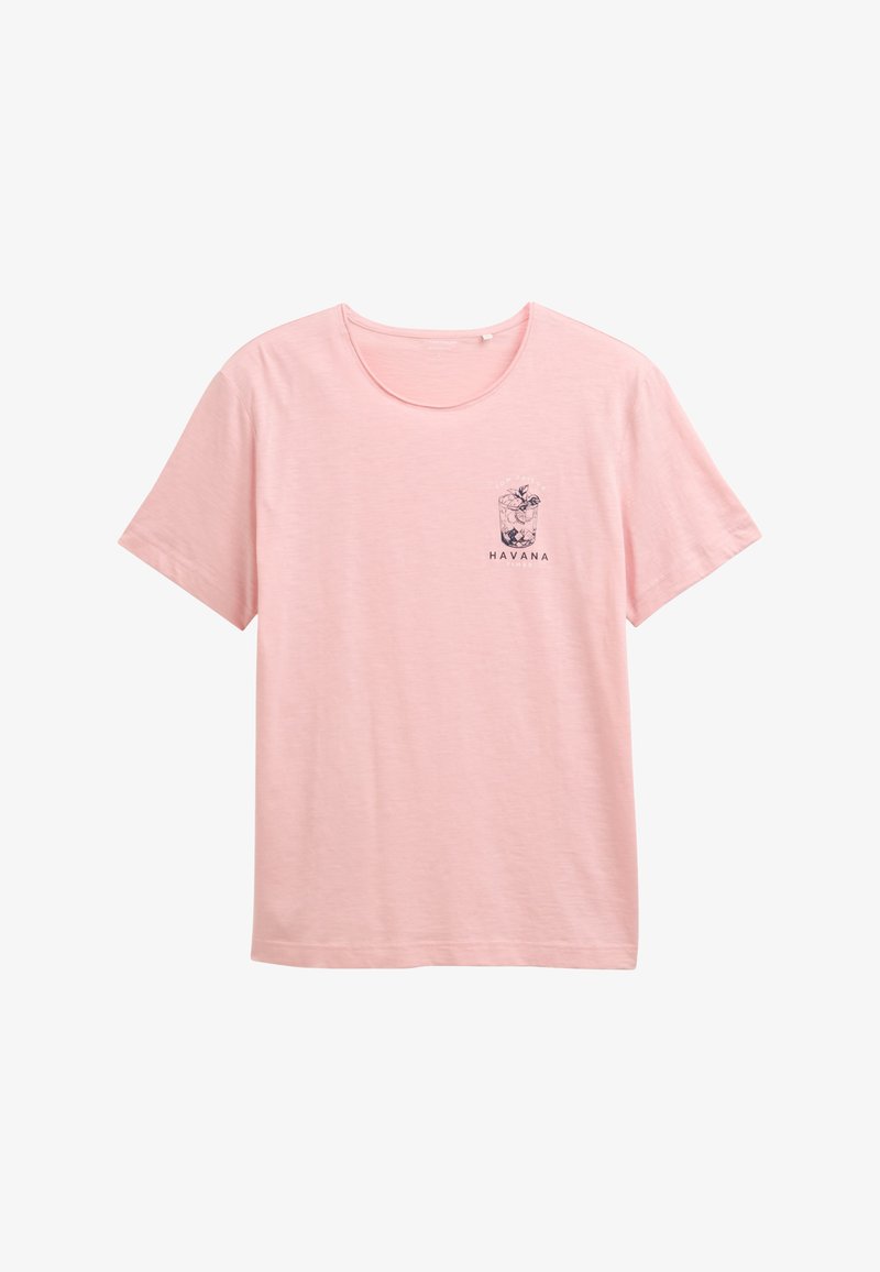 Ljusrosa kortärmad T-shirt i mjukt tyg. Har en mörk tryckt illustration av en dryck och ordet "HAVANA". Rundad halsringning.