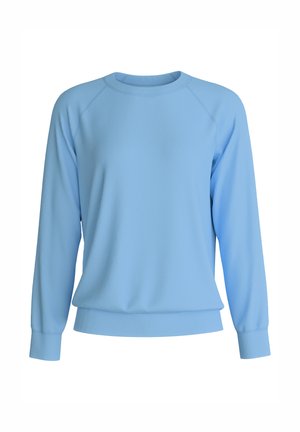 Light blue crewneck sweatshirt with long sleeves, ribbed cuffs, and a ribbed waistband on a white background.