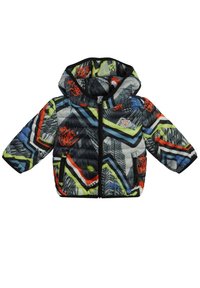 Kurtka pikowana z kapturem, ozdobiona wielokolorowym geometrycznym wzorem w kolorach czarnym, czerwonym, niebieskim i limonkowym. Z przodu zamek błyskawiczny i dwie boczne kieszenie.