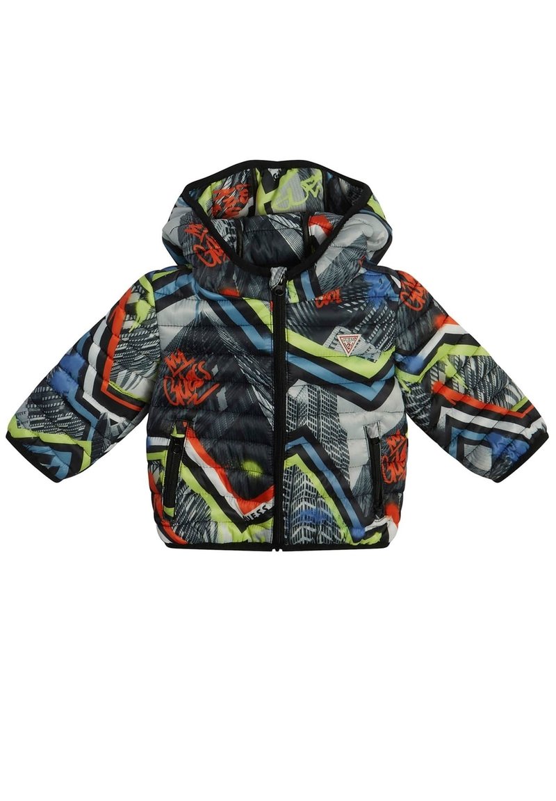 Kurtka pikowana z kapturem, ozdobiona wielokolorowym geometrycznym wzorem w kolorach czarnym, czerwonym, niebieskim i limonkowym. Z przodu zamek błyskawiczny i dwie boczne kieszenie.