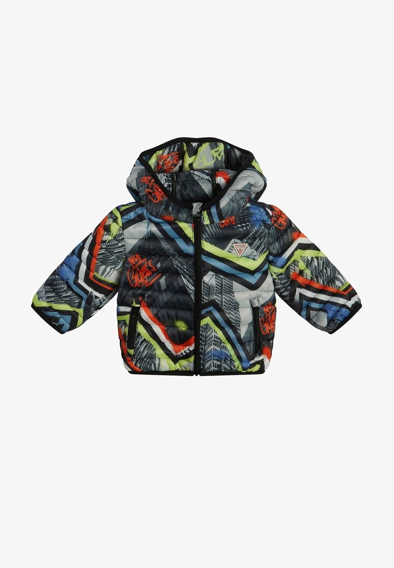 Kurtka pikowana z kapturem, ozdobiona wielokolorowym geometrycznym wzorem w kolorach czarnym, czerwonym, niebieskim i limonkowym. Z przodu zamek błyskawiczny i dwie boczne kieszenie.