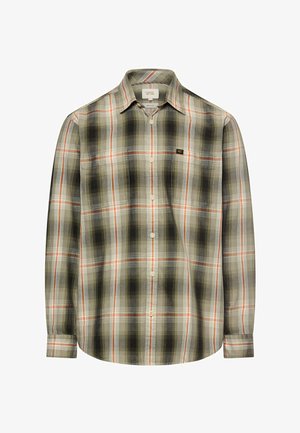 Langærmet skjorte med knapper, i ternet mønster med farverne grøn, sort, hvid og orange, samt to brystlommer.