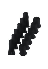 Schwarze Knöchelsocken in Reihen angeordnet, mit einem gerippten Bündchen, einfarbig und ohne sichtbare Muster oder Akzente.