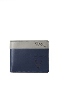 Navy blue leather wallet with gray accent and geometric perforation detail. Features 'VARGU' logo embossed at the top. Compact design.