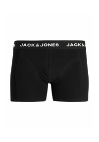 Schwarze Boxershorts für Männer mit einem breiten Bund, auf dem der Schriftzug "JACK & JONES" in weißem Text umlaufend angebracht ist.