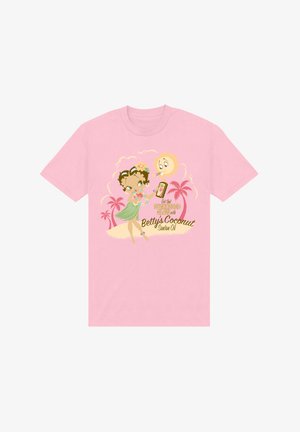 Camiseta de algodón rosa con una chica de dibujos animados en una falda de hierba sosteniendo un bote de bronceador, con elementos tropicales como palmeras y un sol.
