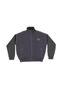 Gray jacket with a high collar, contrasting dark gray sleeves, two zippered pockets, and a green logo on the left chest. Soft material, elastic cuffs.