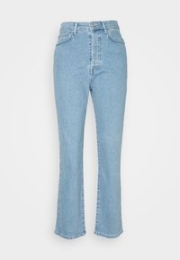 Jasnoniebieskie dżinsy z wysokim stanem i rozszerzanymi nogawkami, wykonane z denimu. Posiadają klasyczny, pięciokieszeniowy krój oraz zapięcie na guziki i suwak z przodu.