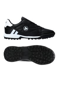 Chaussures de sport noires avec une tige en synthétique, accents blancs, design à lacets, et une semelle extérieure en caoutchouc texturé dotée de petits picots pour une meilleure traction.