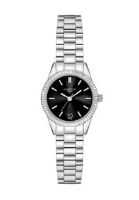 Sudraba nerūsējošā tērauda roku pulkstenis ar apaļu melnu teksturētu ciparnīcu, sudraba stundu marķieriem un izliektu rāmīti. Regulējama metāla aproce.