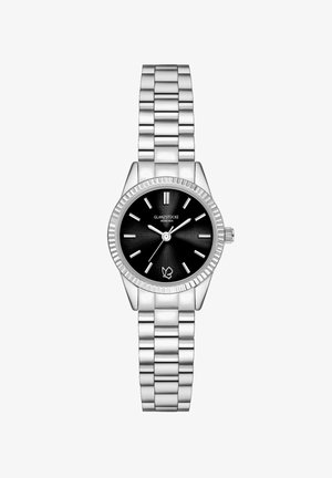 Montre-bracelet en acier inoxydable argenté avec un cadran rond noir texturé, des index horaires argentés et une lunette givrante. Bracelet en métal réglable.