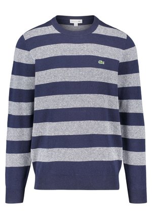 Langärmeliger Pullover mit horizontalen Streifen in Marineblau und Hellgrau, Rundhalsausschnitt und kleinem grünen Krokodil-Logo auf der Brust.