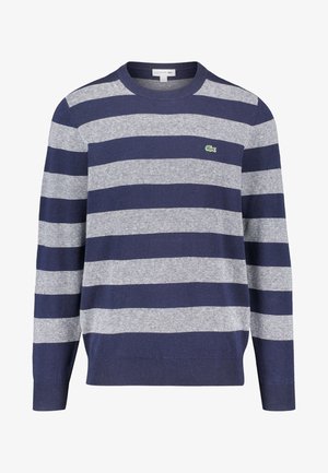 Pull à manches longues rayé horizontalement bleu marine et gris clair, avec col rond et petit logo crocodile vert sur la poitrine.