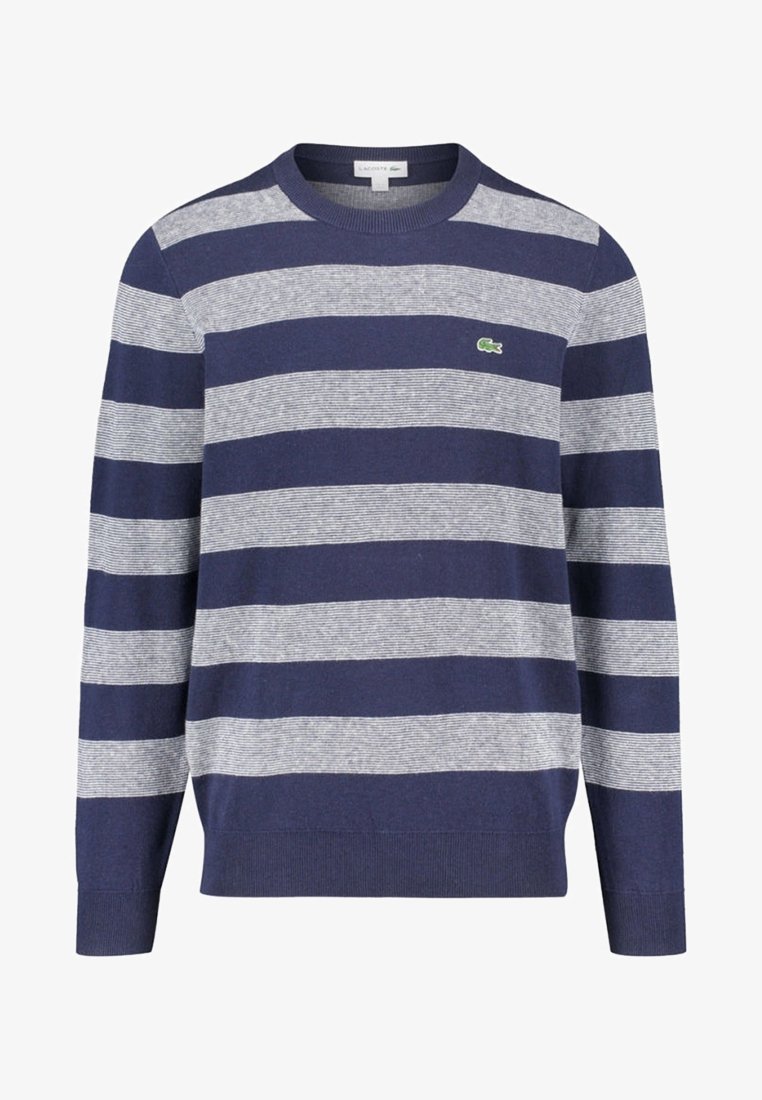 Pull à manches longues rayé horizontalement bleu marine et gris clair, avec col rond et petit logo crocodile vert sur la poitrine.