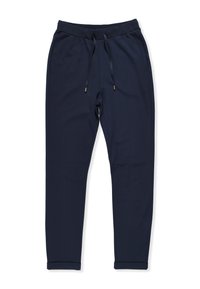Pantaloni jogger di colore blu navy realizzati in tessuto morbido, con vita elastica, coulisse regolabile e gambe affusolate con polsini alla caviglia.