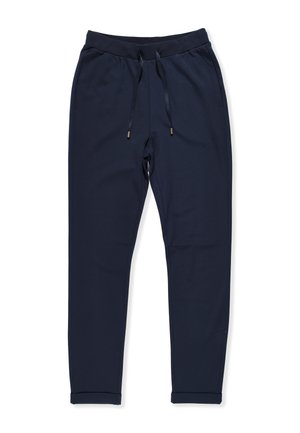 Pantaloni jogger di colore blu navy realizzati in tessuto morbido, con vita elastica, coulisse regolabile e gambe affusolate con polsini alla caviglia.