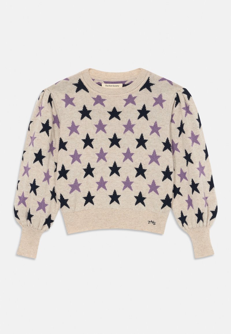 Maglione lavorato a maglia beige con motivo a stelle nere e viola, con polsini e orlo a coste. Presenta maniche a sbuffo per un volume aggiuntivo.