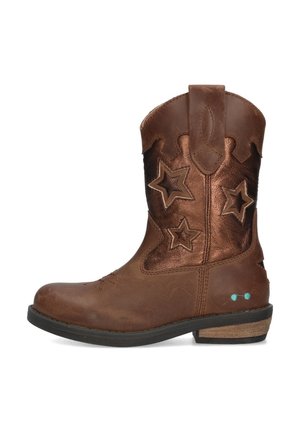 Bruine leren cowboylaars met een ronde neus, gegolfde bovenkant en drie bronzen steraccenten. Heeft een lage hak en turquoise stiksel-details.