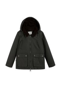 Chaqueta de color verde oscuro con cierre de cremallera, dos bolsillos frontales, capucha con un forro suave marrón y diseño de ajuste relajado.