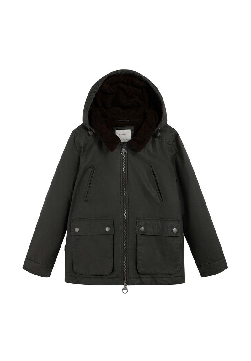 Chaqueta de color verde oscuro con cierre de cremallera, dos bolsillos frontales, capucha con un forro suave marrón y diseño de ajuste relajado.