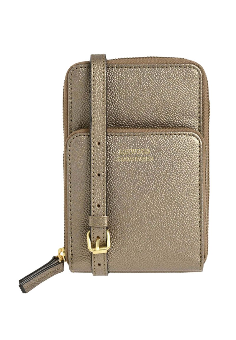 Petit portefeuille en cuir doré métallisé avec poche avant, fermeture à glissière, sangle ajustable et boucle dorée.