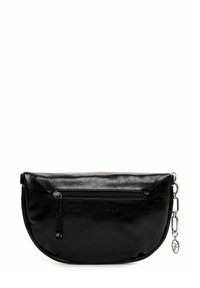 Borsa a tracolla nera in ecopelle con forma curva, tasca frontale con zip e dettaglio in catena argentata per il trasporto. Texture liscia con leggero lucido.