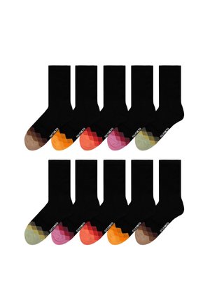 Zehn schwarze Mid-Calf-Socken mit geometrischen Farbblöcken an den Zehen in Braun-, Orange-, Rot-, Pink- und Grüntönen, angeordnet in zwei Reihen.
