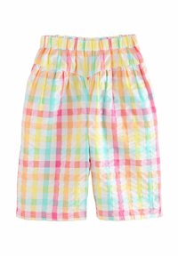 Bermuda a quadri multicolori con un mix di quadrati in giallo pastello, rosa, blu e verde. Vita elastica con dettaglio di tessuto arricciato.
