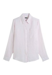 Chemise boutonnée rose clair à manches longues en lin, dotée d'un col classique, d'une poche avant et d'une coupe décontractée avec des poignets boutonnés.
