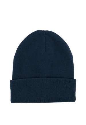 Dunkel marineblaue gestrickte Mütze mit umgeschlagenem Rand, dargestellt vor weißem Hintergrund.