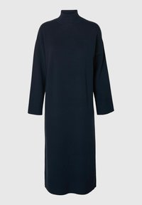 Jūras zila turtleneck kleita, izgatavota no mīksta auduma, ar trīs ceturtdaļu garuma piedurknēm un taisnu griezumu ar sānu šķirbēm, kas nodrošina papildu kustību.