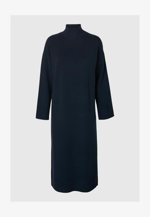 Navy turtleneck dress made of soft fabric, featuring three-quarter sleeves and a straight cut with side slits for added movement.