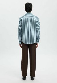 Camicia a righe verde e bianca, con colletto classico e maniche lunghe, abbinata a pantaloni marroni e scarpe nere.