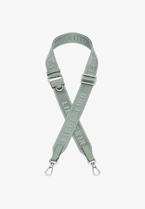 Cinturino in tessuto verde salvia regolabile con fibbie argentate e testo in rilievo "LIEBESKIND" per borse o accessori.