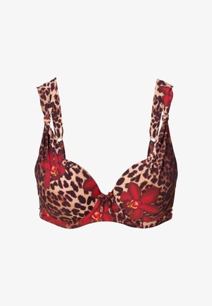 Brassiere s uzorkom leoparda s crvenim cvjetnim akcentima, modeliranih košarica i dekorativnim vezicama na naramenicama. Ima glatku teksturu tkanine i metalne detalje.