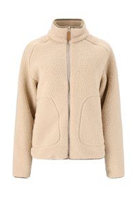 Beige fleecejakke med høj krave, fuld frontlynlås og to forlommer. Blød tekstur og en lidt oversized design.