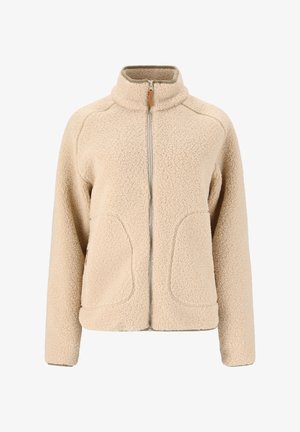 Beige fleecejakke med høj krave, fuld frontlynlås og to forlommer. Blød tekstur og en lidt oversized design.