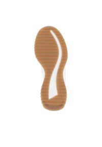 Semelle en caoutchouc avec un motif texturé, de couleur marron clair et un accent blanc lisse. Design courbé avec des nervures visibles pour la traction.