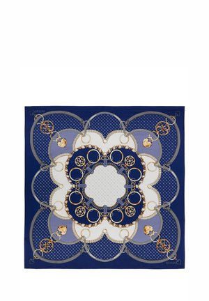 Sciarpa in seta blu navy con motivo floreale, dettagli a catena color oro, maglie rotonde e un'area centrale bianca con un disegno sottile.
